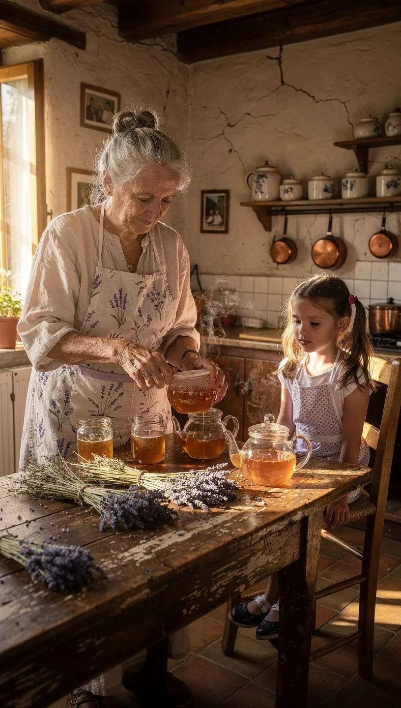 Un bol de thé à la lavande accompagné de biscuits faits maison sur une nappe blanche.