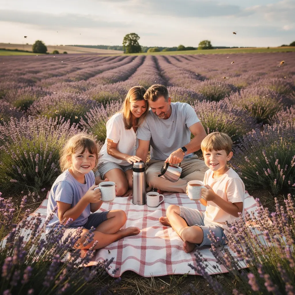 Moment de détente avec une tasse de thé à la lavande sur un fond de jardin fleuri.